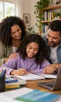 Família unida acompanhando os estudos