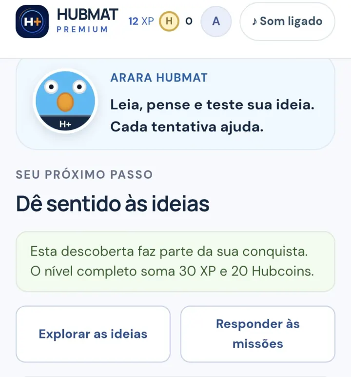 Tela real do HUBMAT Premium, com a arara HUBMAT e uma atividade de exploração