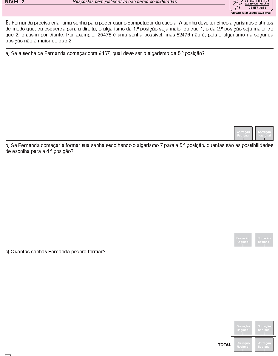 Reprodução da questão 05, OBMEP 2016, nível 2, página 6